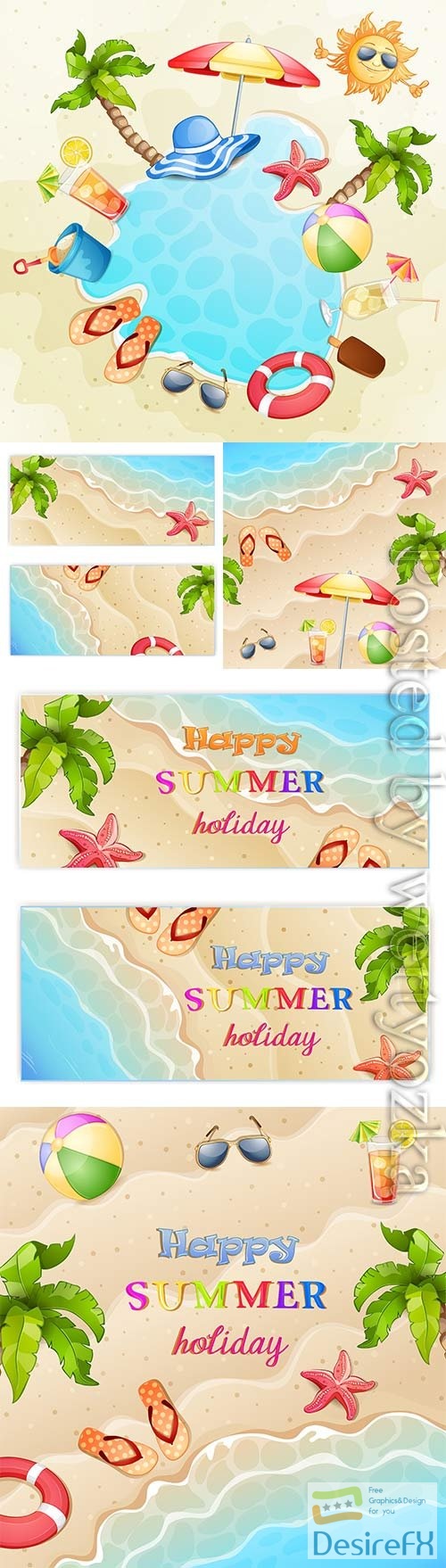 Summer vacation, sea, palm trees, cocktails in vector vol 4