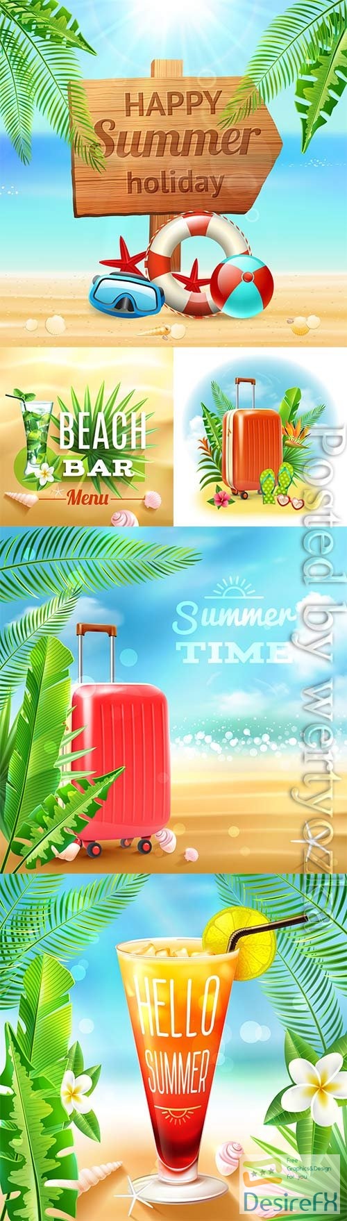 Summer vacation, sea, palm trees, cocktails in vector vol 6