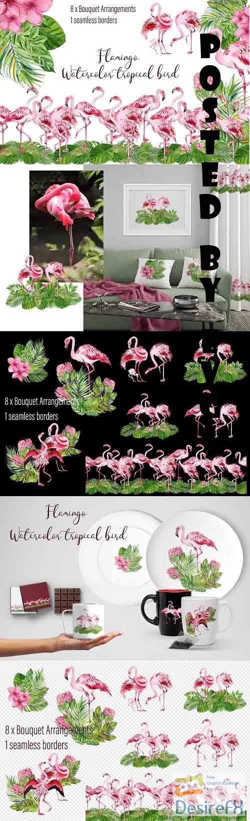 Tropical flamingo clipart - watercolor birds - 1365724