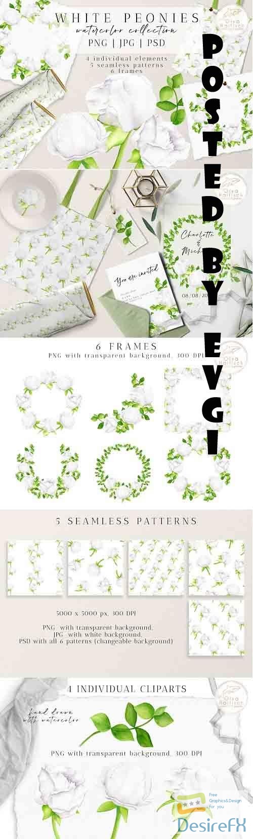 Watercolor Peony Flowers Clipart Collection. Floral Wreaths - 1336487