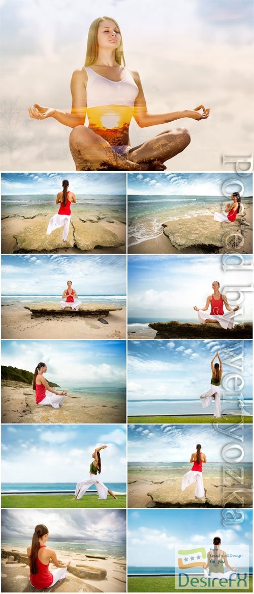 Yoga class by the sea stock photo