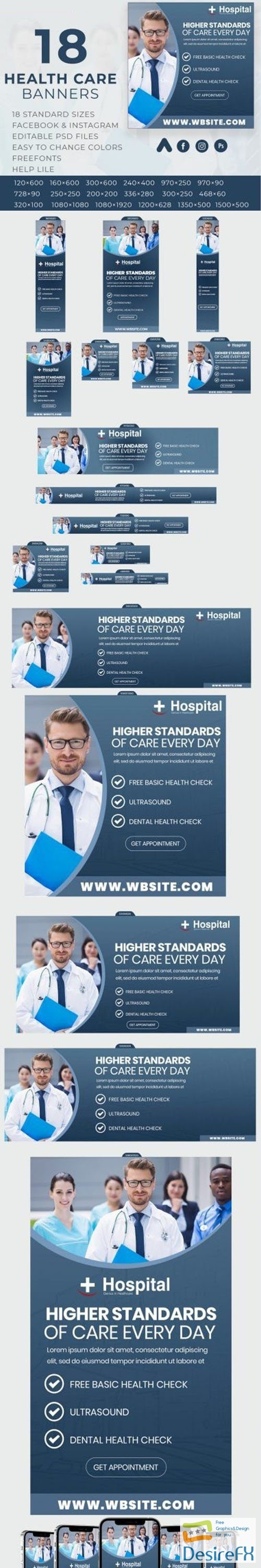 18 Hospitals and Healthcare Banners PSD Templates