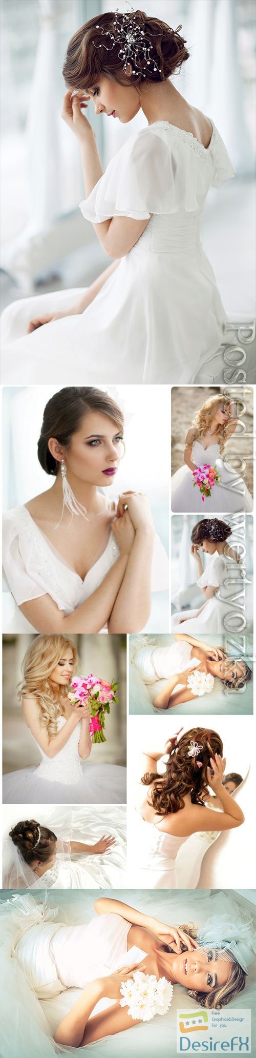 Adorable brides with wedding bouquets stock photo