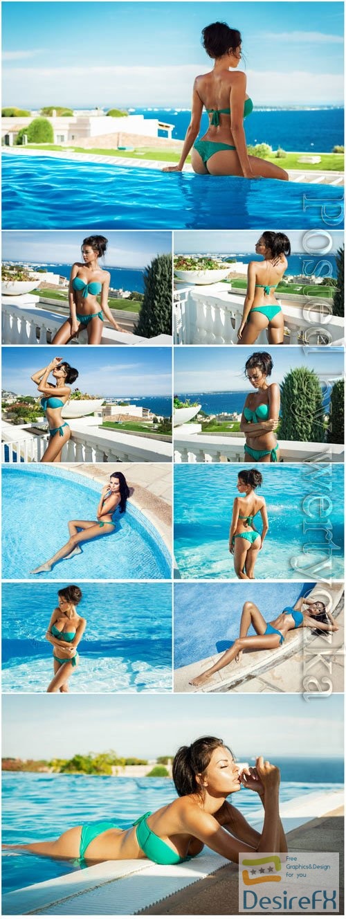 Girl in swimsuit by the pool stock photo