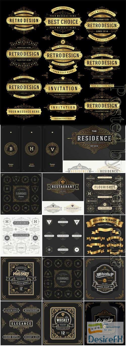 Labels, logos and golden ribbons in vector