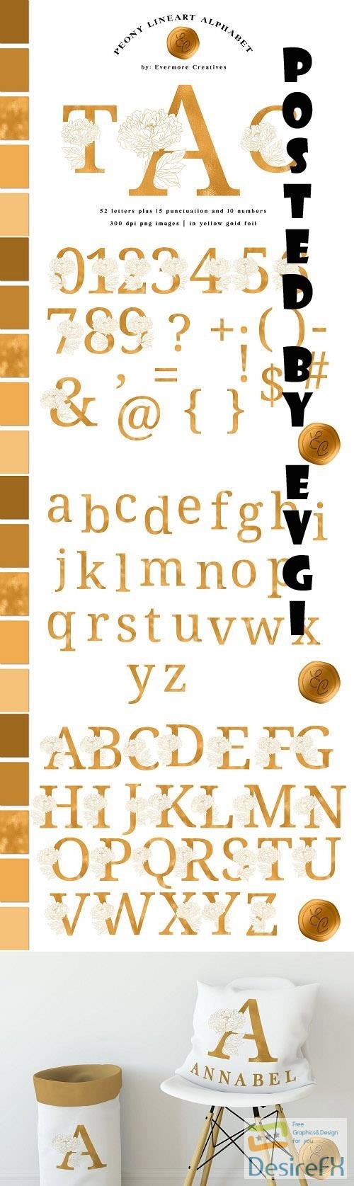 Line Art Peony Alphabet in Gold Foil - 6090219