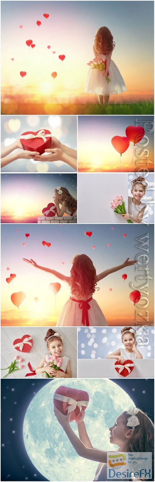 Little girl with air red heart stock photo