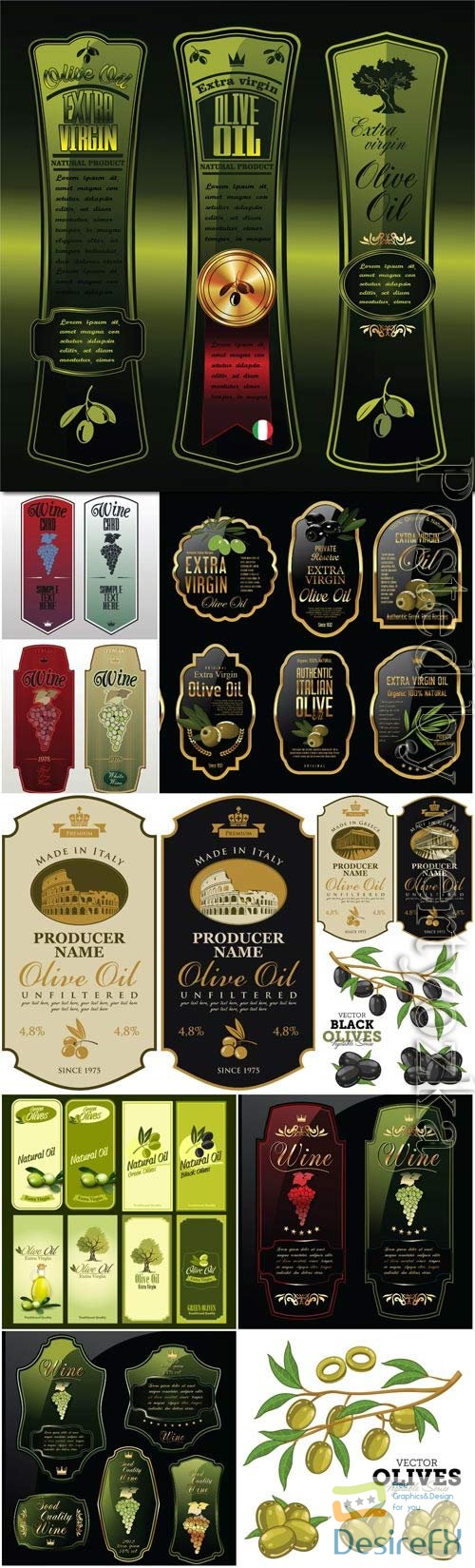 Luxury labels of olives and wine in vector