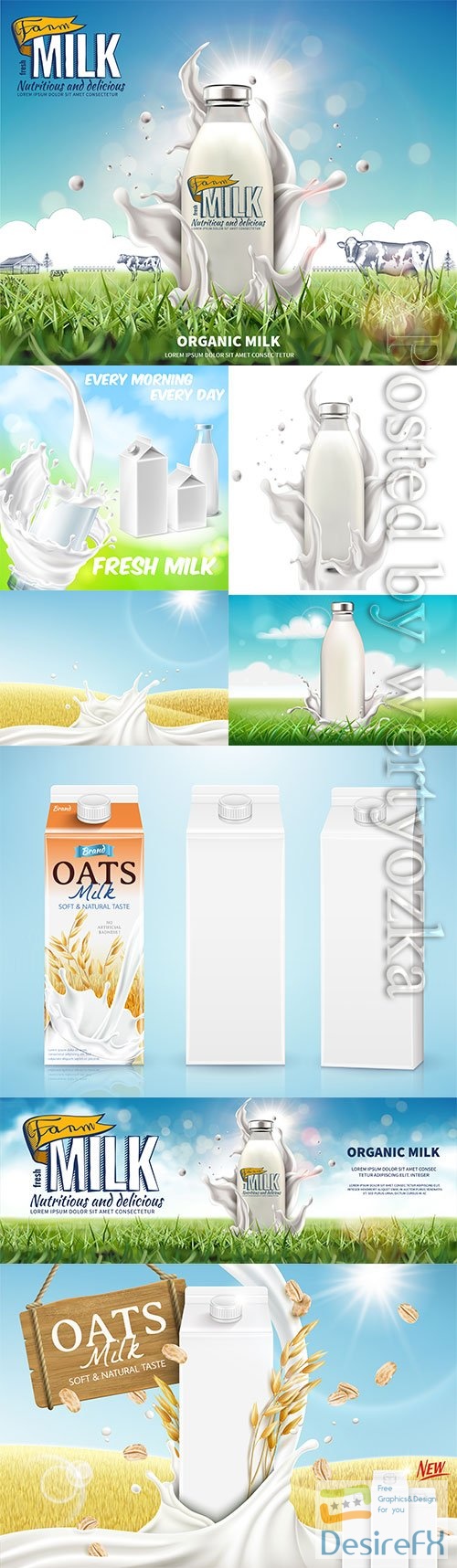 Milk banner with swirling liquid and blank carton box on golden grain field in 3d illustration