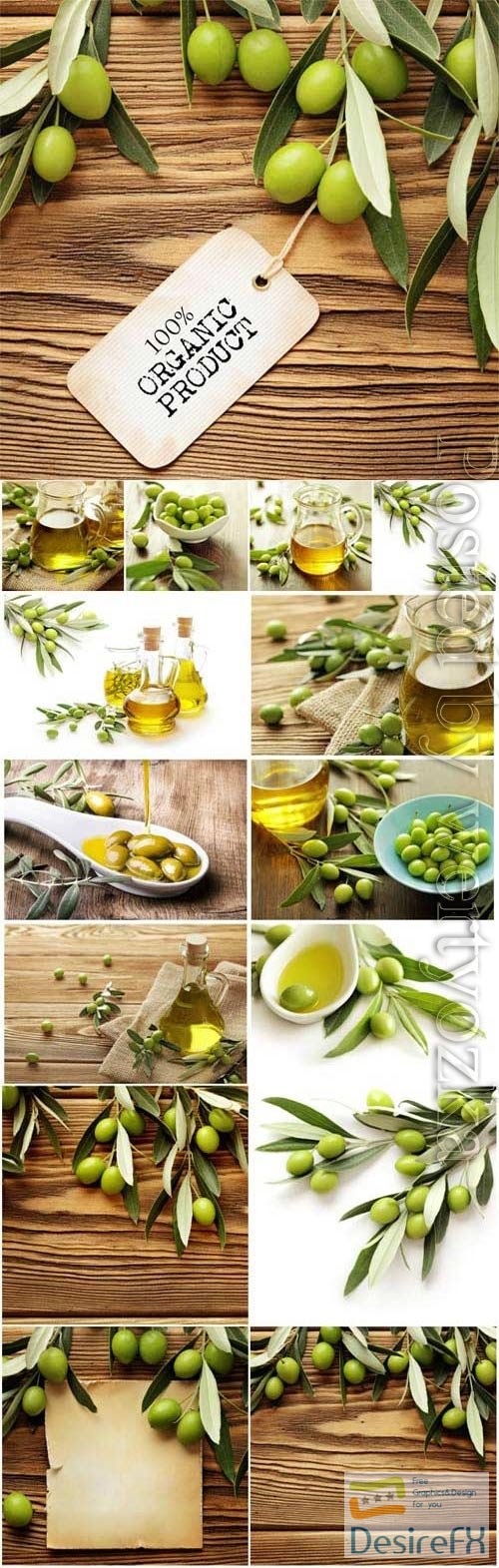 Olive sprigs, olives and olive oil stock photo