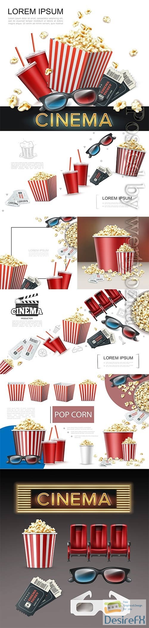 Realistic cinema elements, 3d glasses, tickets, soda, cups striped, paper box and bucket of popcorn