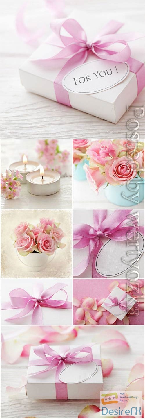 Romantic backgrounds with gift box candles and roses stock photo