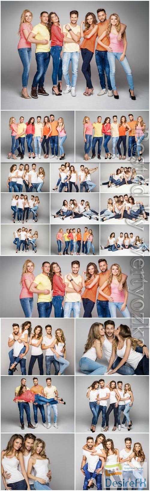 Stylish men and girls in jeans stock photo