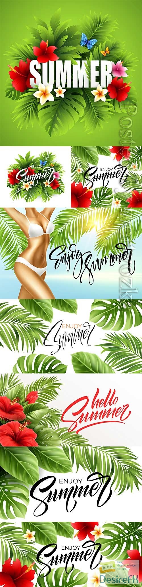 Summer poster with tropical palm leaf and handwriting lettering