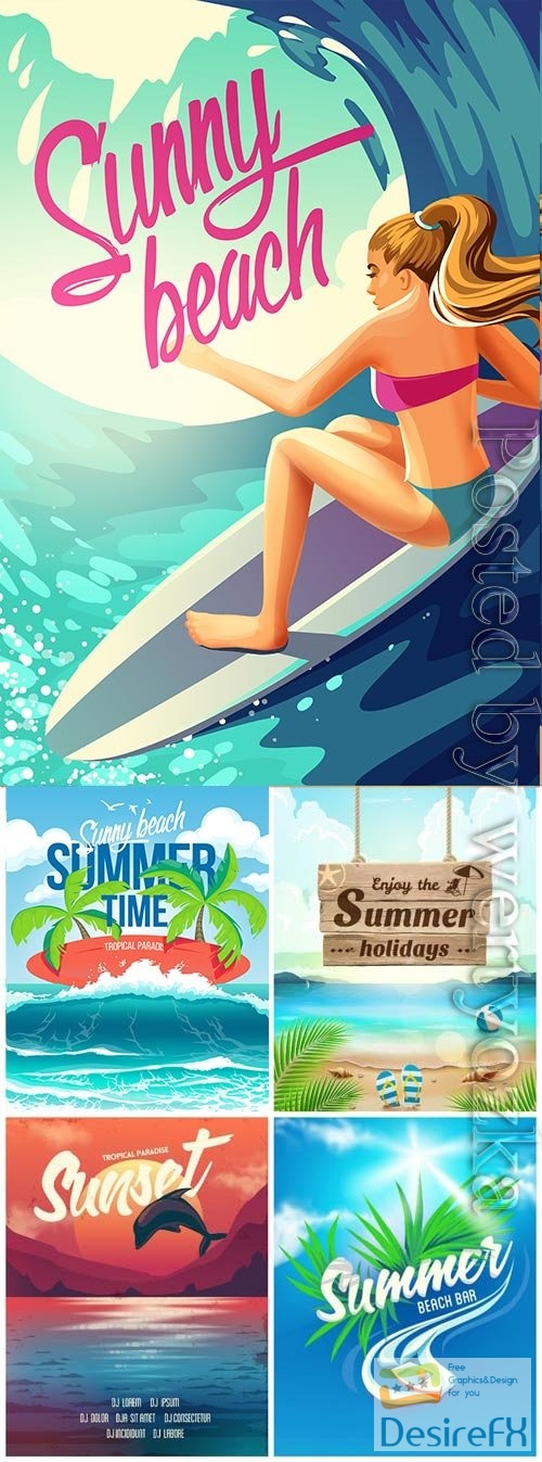 Summer vacation, sea, palm trees, cocktails in vector vol 11