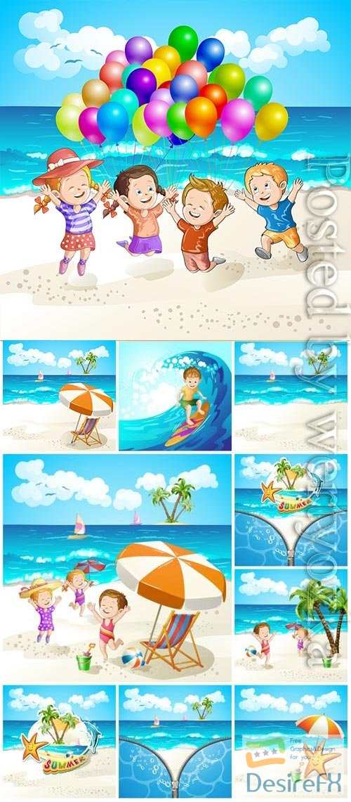 Summer vacation, sea, palm trees, cocktails in vector vol 12