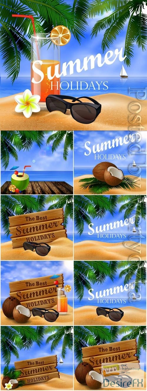 Summer vacation, sea, palm trees, cocktails in vector vol 18