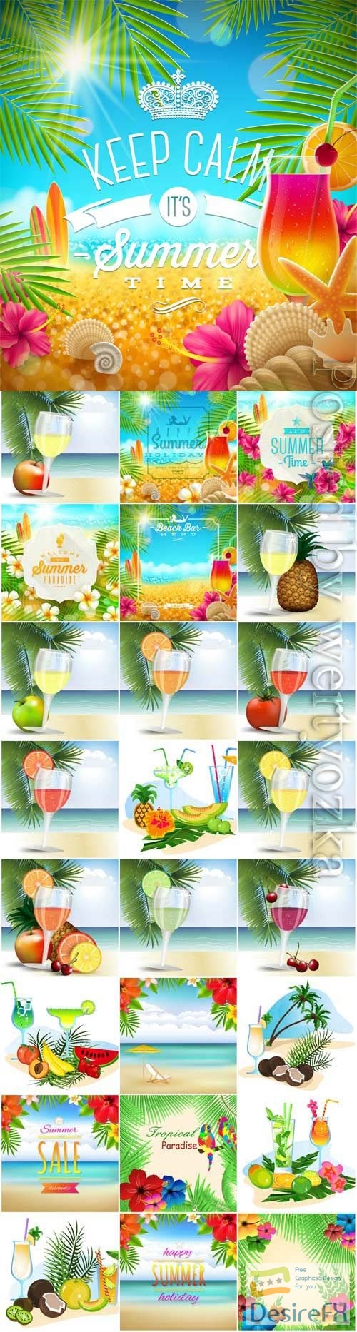 Summer vacation, sea, palm trees, cocktails in vector vol 21