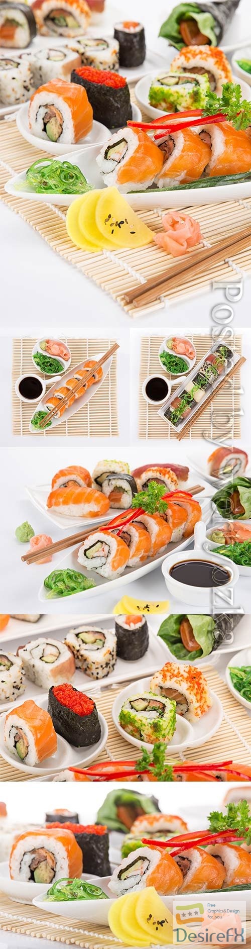 Sushi with wasabi and sauce, sets stock photo