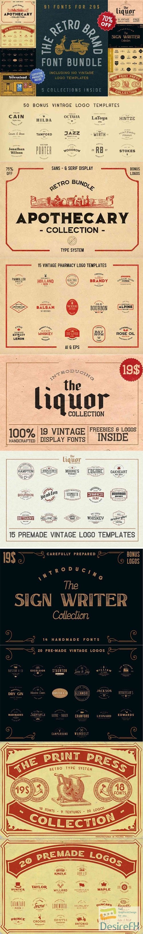 The Retro Brand Font Bundle 91 Fonts + 140 Vintage Logo Templates