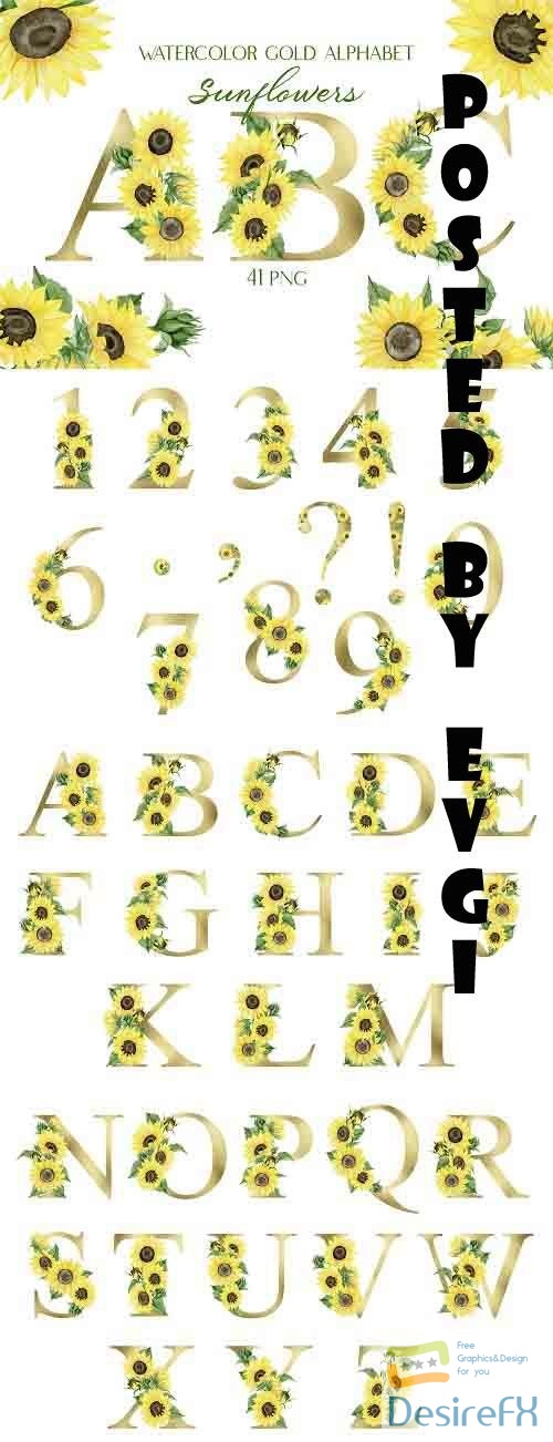 Watercolor Gold Alphabet with Sunflowers | Sublimation - 1411395