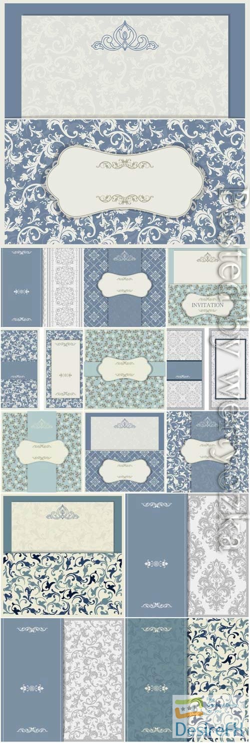 Wedding invitation cards with blue patterns in vector