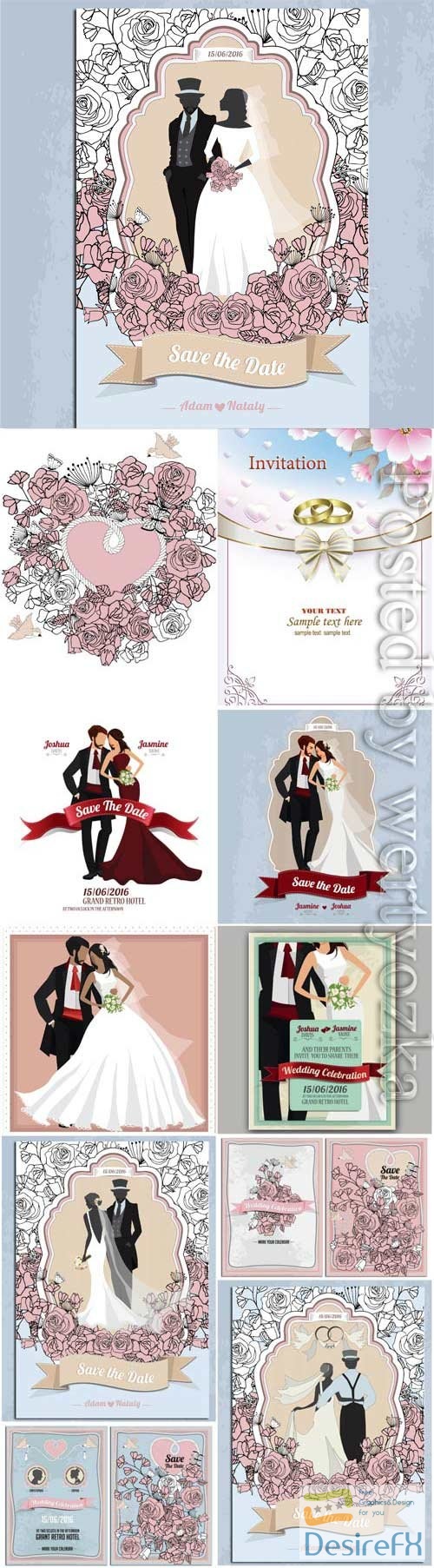 Wedding invitation cards with bride and groom in vector
