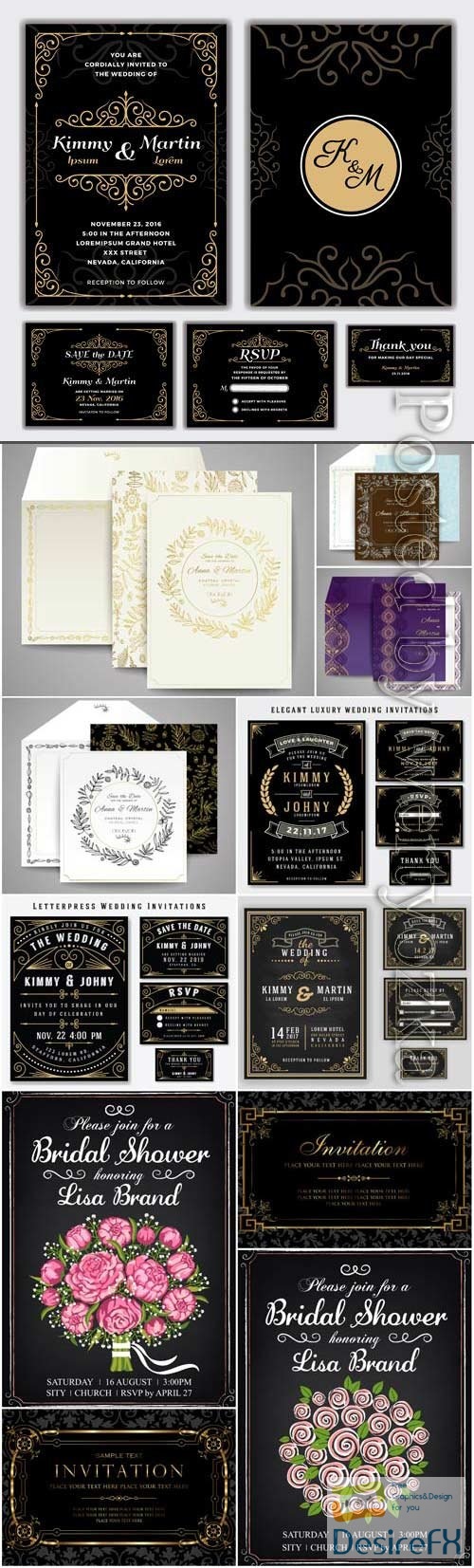 Wedding invitation cards with gold design and flowers in vector