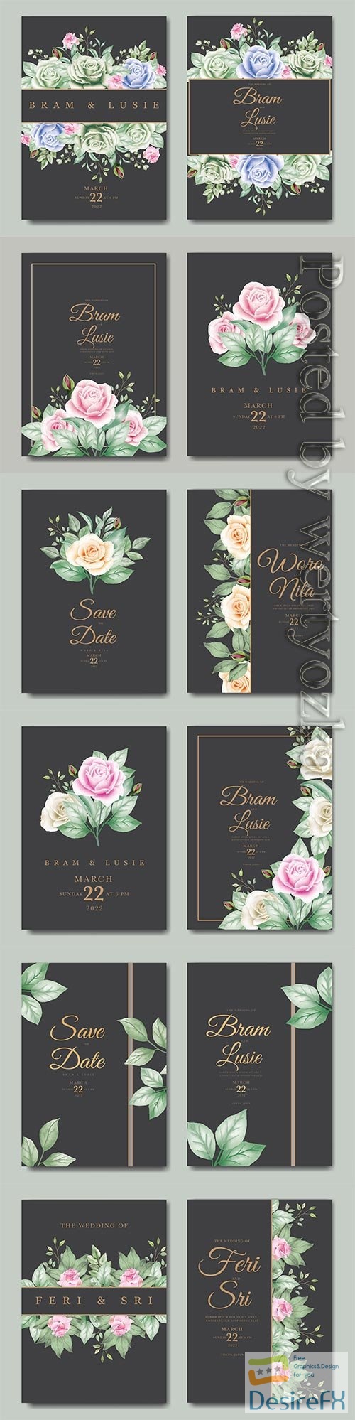 Wedding invitation vector beautiful card with floral leaves watercolor