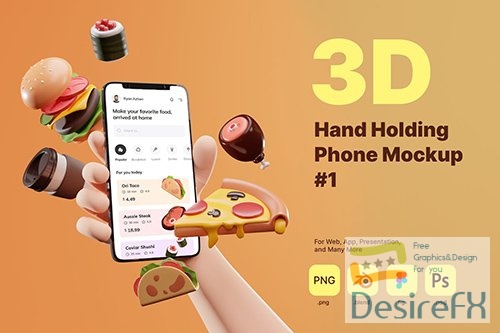 3D Hand Holding Phone Mockup for Food Industry Q6KJPKM