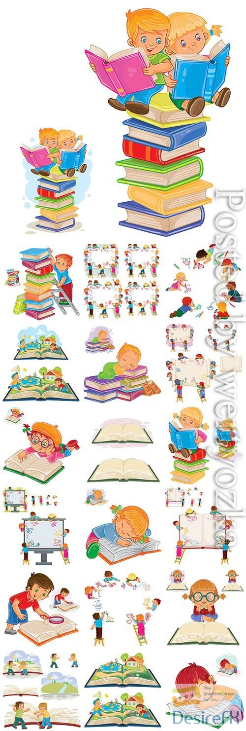 Boys and girls with books in vector