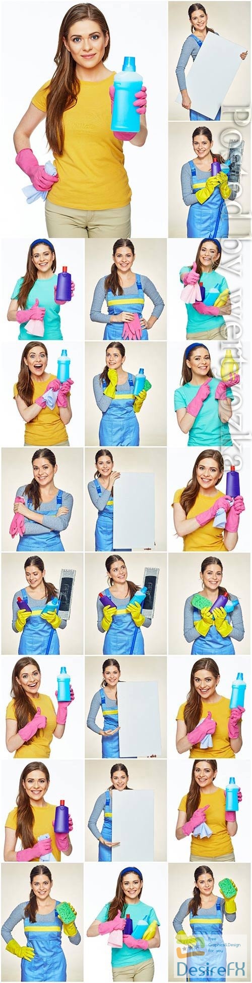 Cleaning service, girl with cleaning products stock photo
