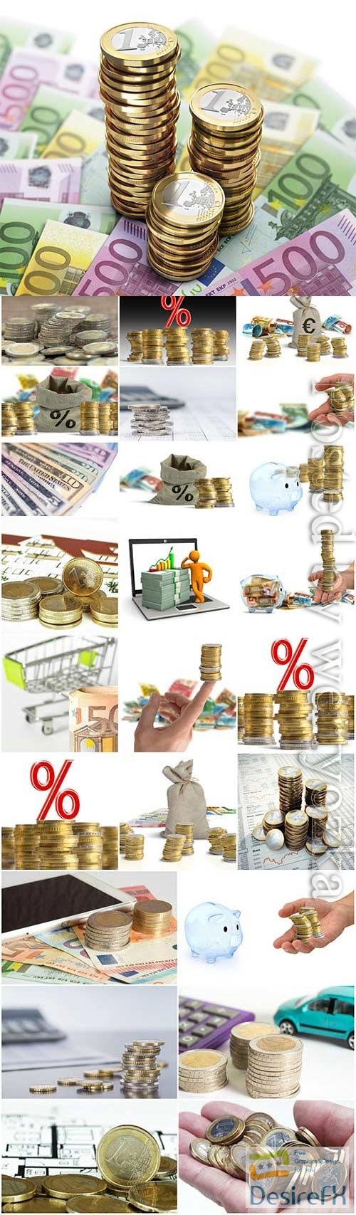 Coins and various banknotes stock photo