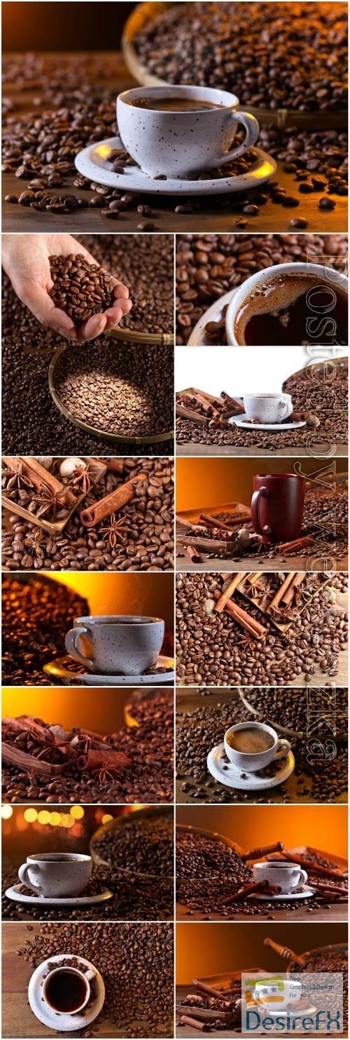 Cup with coffee on the background of coffee beans stock photo