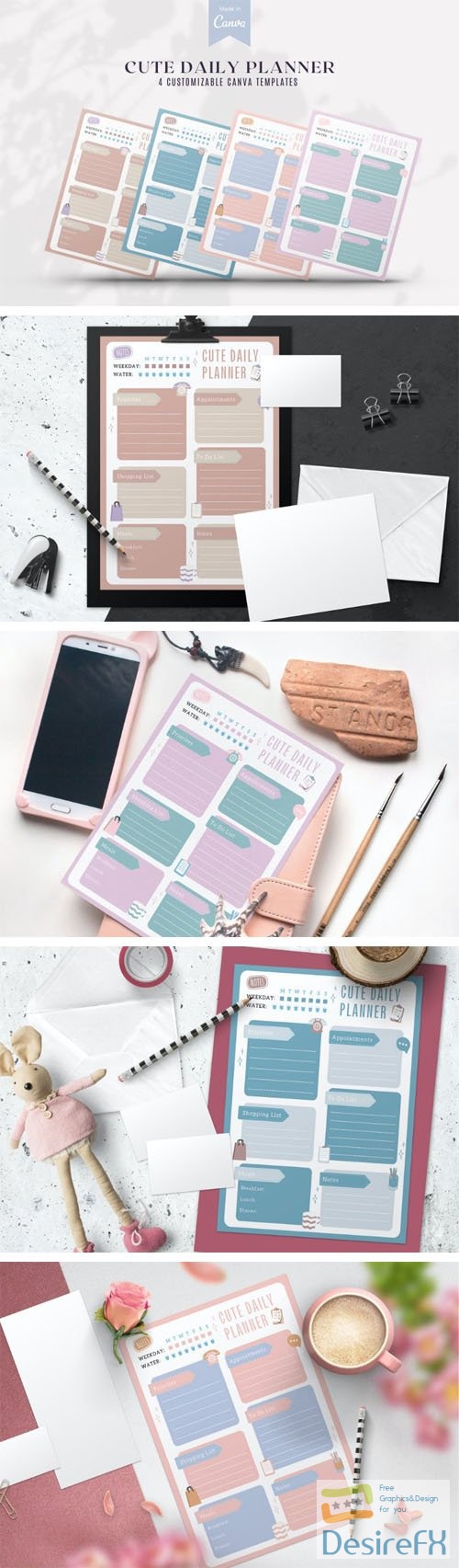 Cute Daily Planner - 4 Customizable Canva PDF Templates