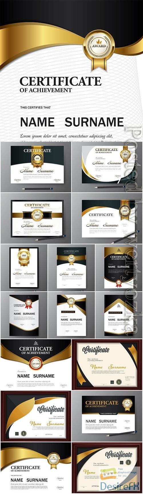 Diplomas and certificates with gold design in vector