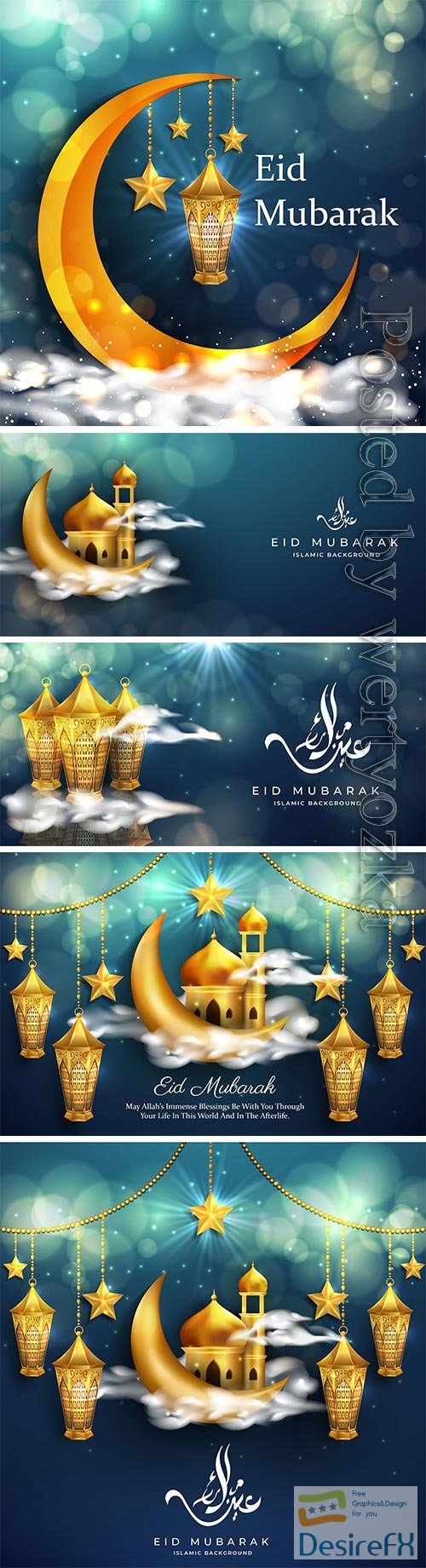 Eid mubarak background with realistic golden lanterns