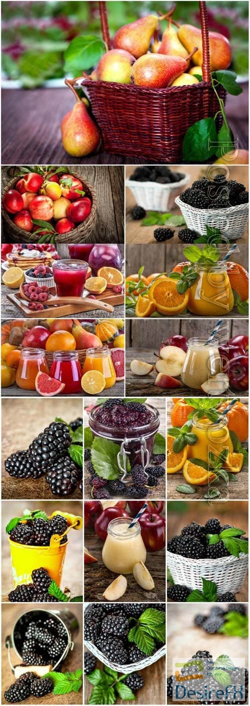 Fresh fruits berries and juices stock photo