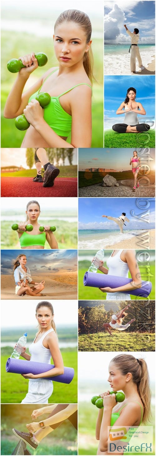 Girls doing sports in nature stock photo
