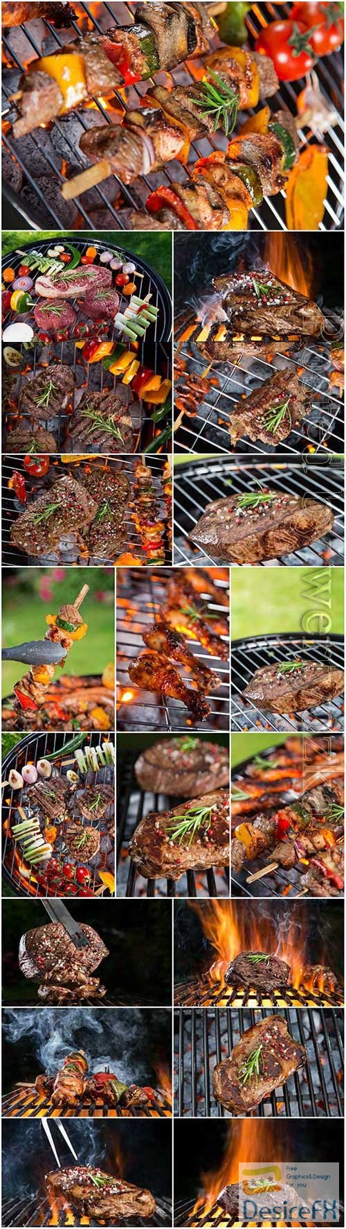 Grilled meat and vegetables stock photo