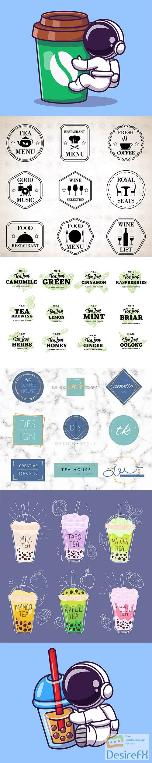 Hand-drawn coffee and tea logos set