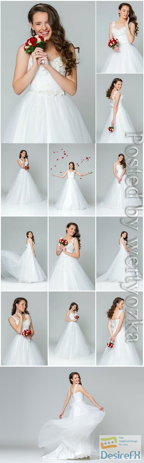 Happy bride in luxury wedding dress stock photo