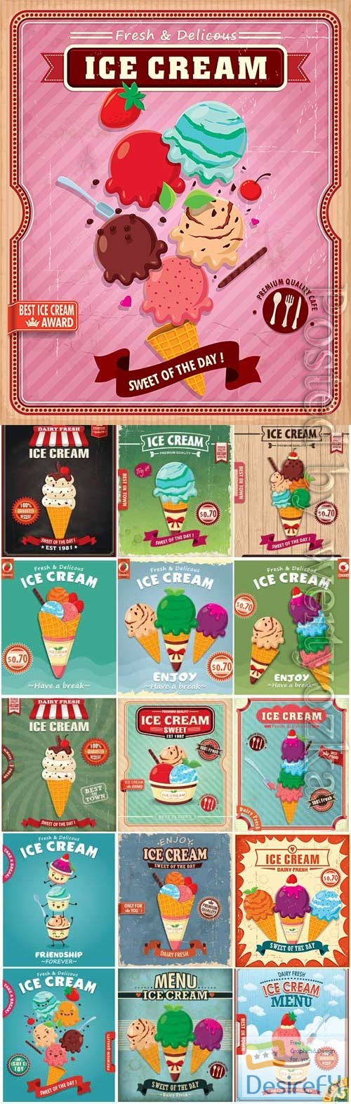 Ice cream advertising retro posters in vector