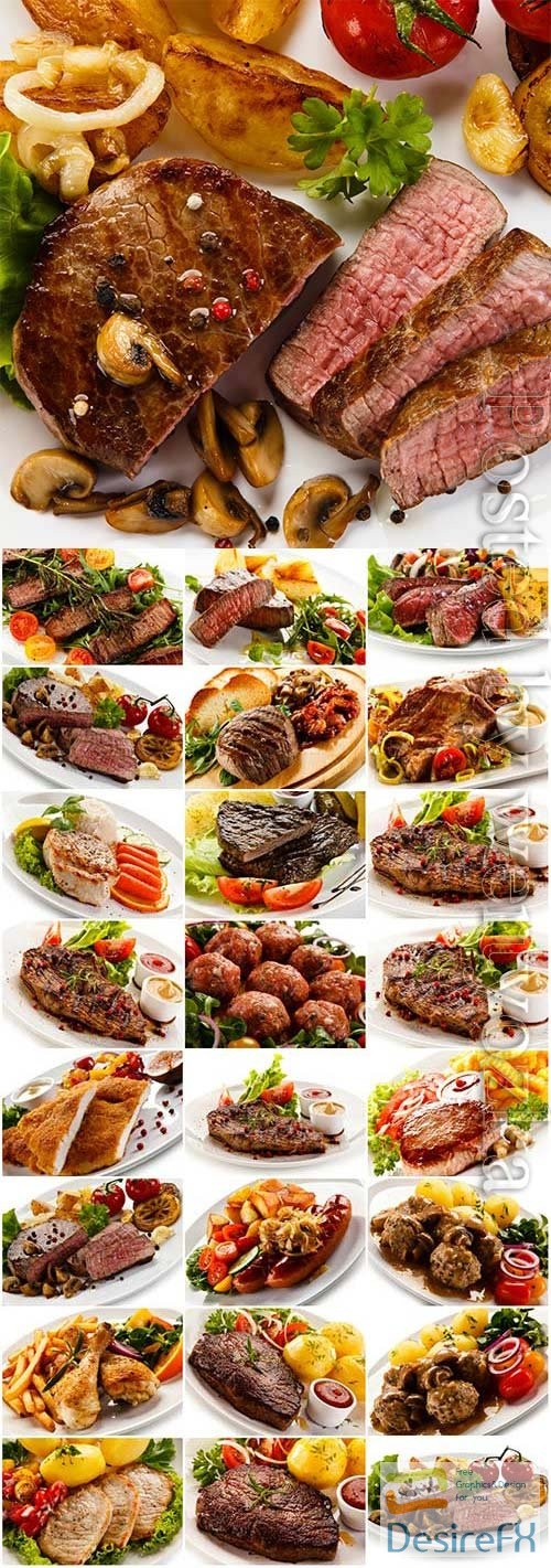 Meat dishes with garnish on white background stock photo