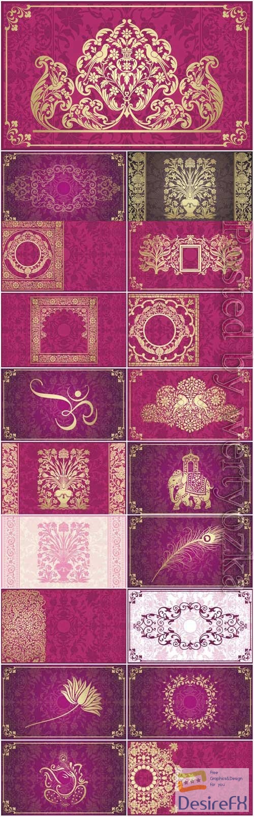 Pink indian backgrounds with gold ornaments in vector