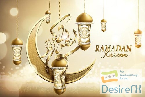 Ramadan kareem vector poster with arabic calligraphy and glossy crescent