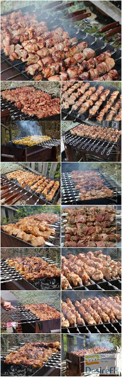 Roasted kebabs on the grill stock photos