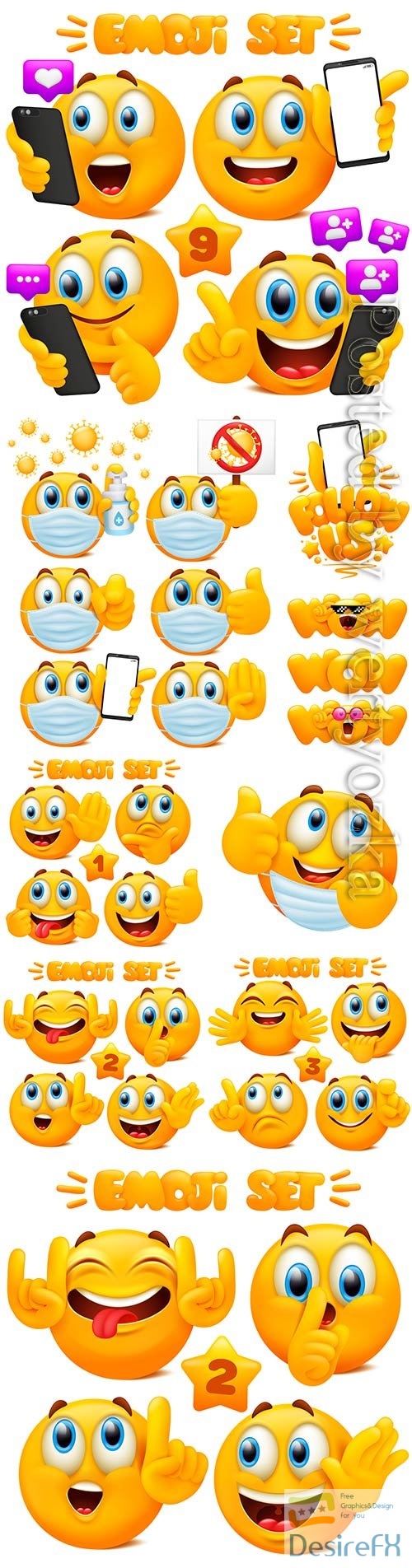 Set of yellow emoji cartoon characters with different facial expressions in glossy 3d