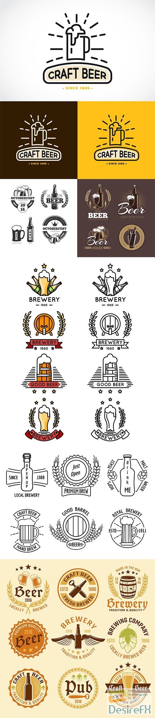 Vintage beer brewery vector emblems, labels, badges, logos set