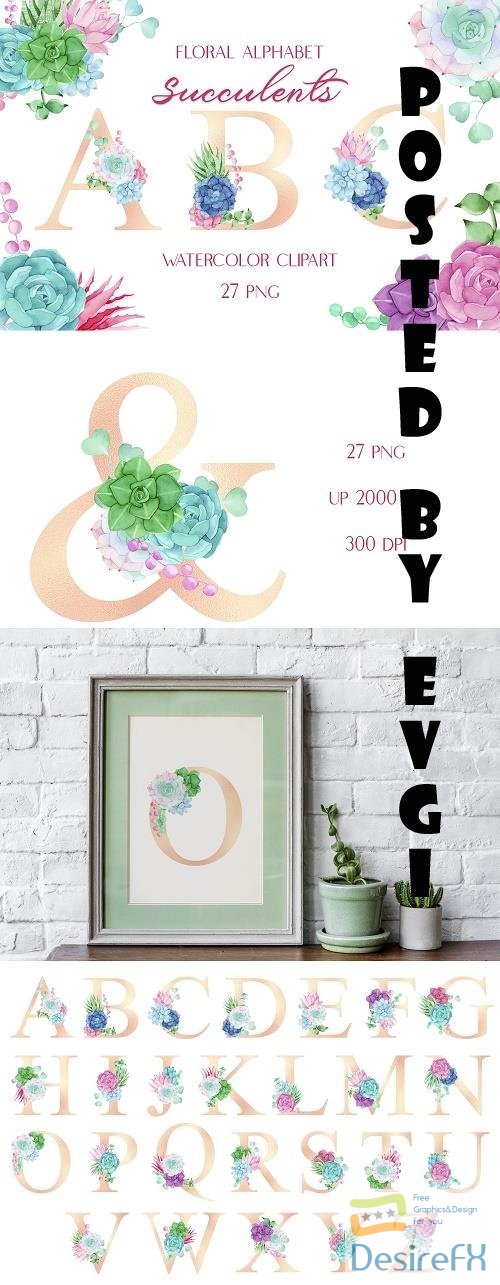 Watercolor Pink Gold Alphabet with Colorful Succulents - 1486599